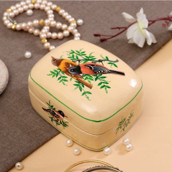Alternate image for Bird-Themed Green and Ivory Papier Mache Decorative Box Bird Saga