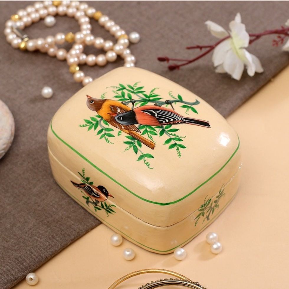 Bird-Themed Green and Ivory Papier Mache Decorative Box 'Bird Saga'