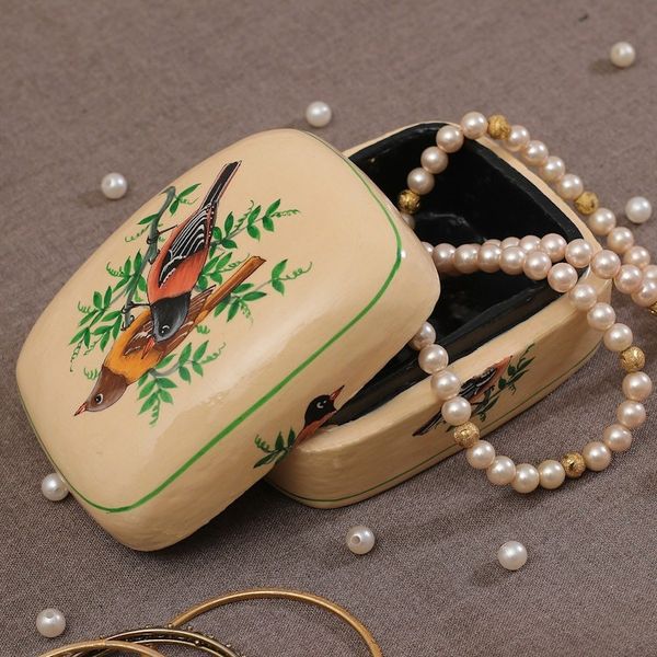 Alternate image for Bird-Themed Green and Ivory Papier Mache Decorative Box Bird Saga