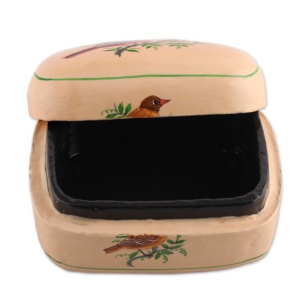 Alternate image for Bird-Themed Green and Ivory Papier Mache Decorative Box Bird Saga