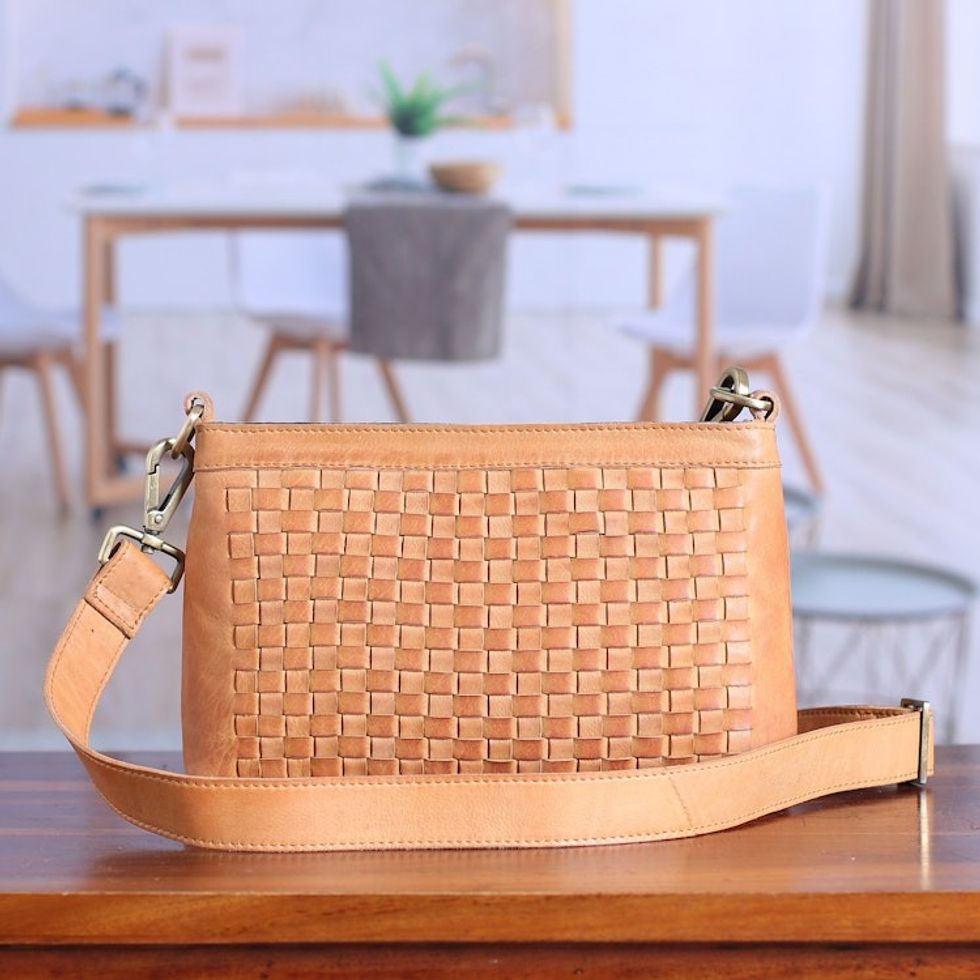 Basketweave-Patterned Caramel Leather Adjustable Sling Bag 'Caramel Lifestyle'