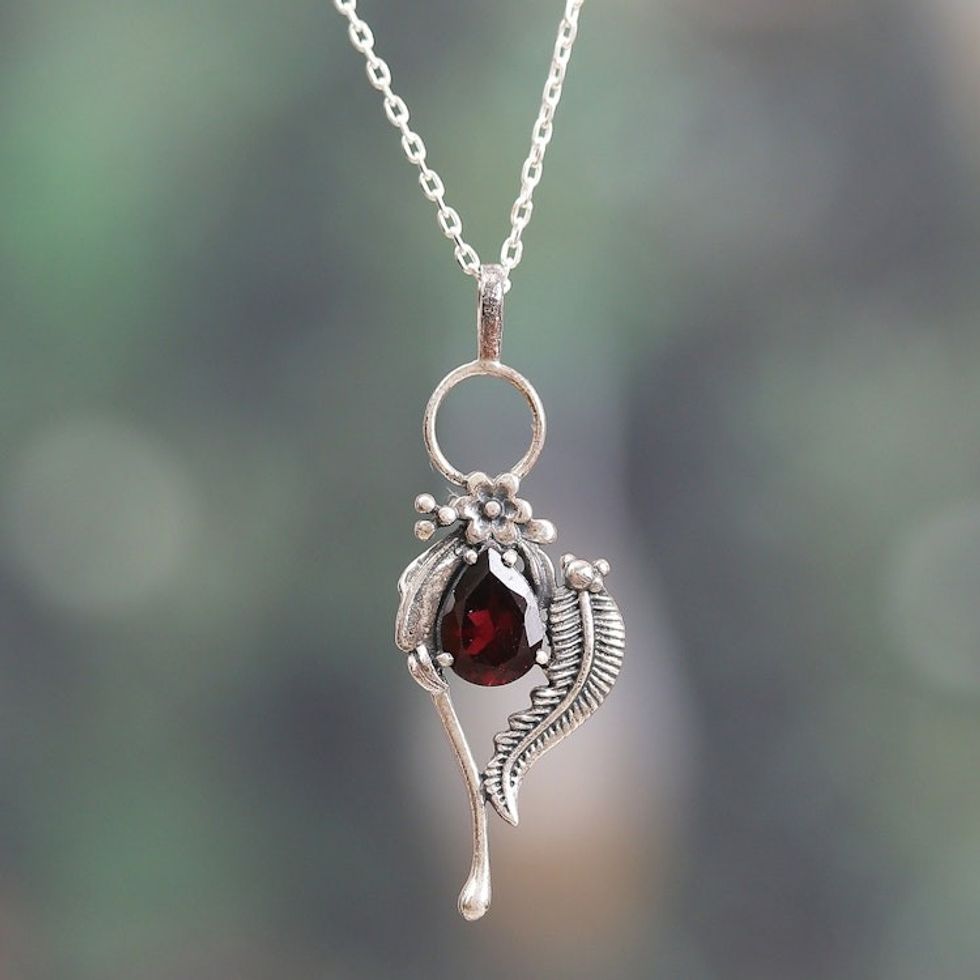 Leafy Faceted Two-Carat Garnet Pendant Necklace from India 'Cinnabar Romance'