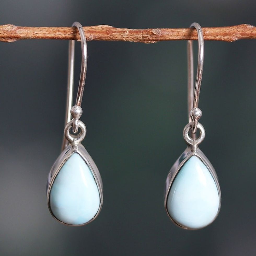 High-Polished Teardrop Natural Larimar Dangle Earrings 'Heaven Droplets'