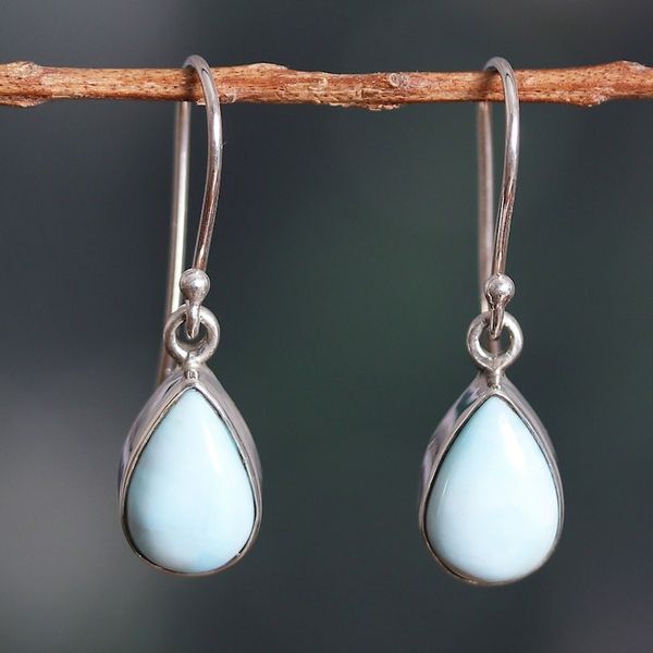 Alternate image for High-Polished Teardrop Natural Larimar Dangle Earrings Heaven Droplets
