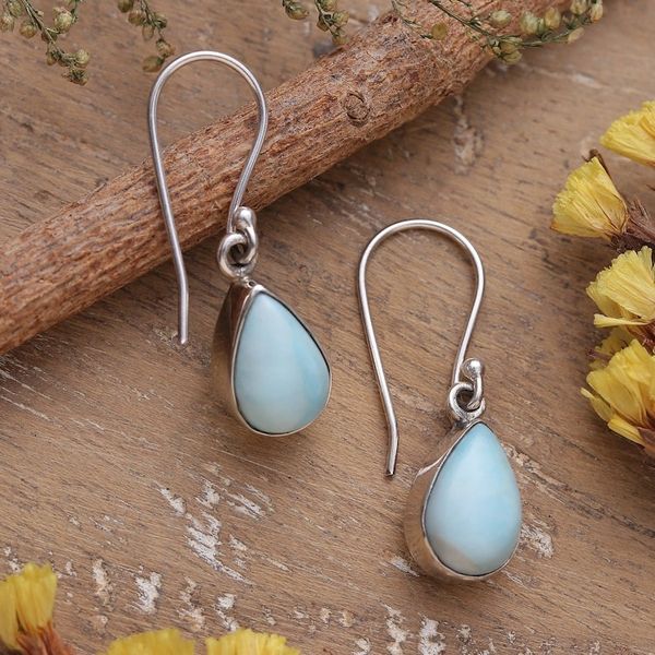 Alternate image for High-Polished Teardrop Natural Larimar Dangle Earrings Heaven Droplets