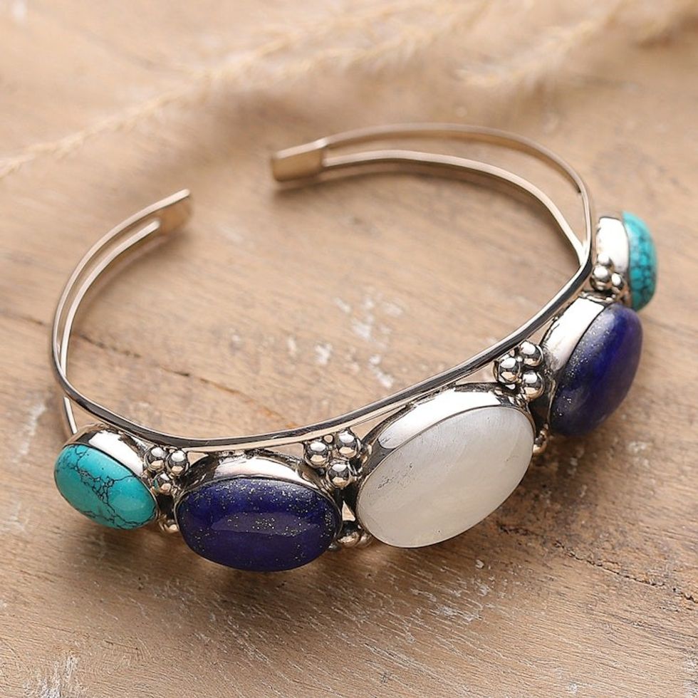 Calcite Lapis Lazuli and Rainbow Moonstone Cuff Bracelet 'Imperial Allure'