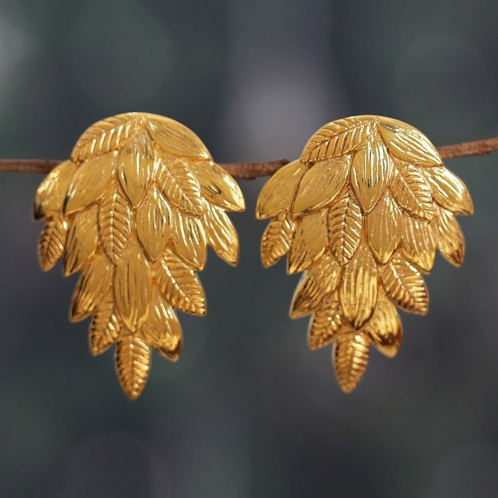 High-Polished Leafy Embossed Brass Drop Earrings 'Cascade of Leaves'