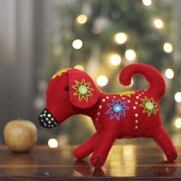 Alternate image for Embroidered Red Puppy Wool Felt Tree Topper with Sequins Christmas Puppy
