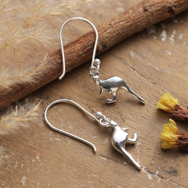 Alternate image for Kangaroo-Themed Polished Sterling Silver Dangle Earrings Enchanting Kangaroos