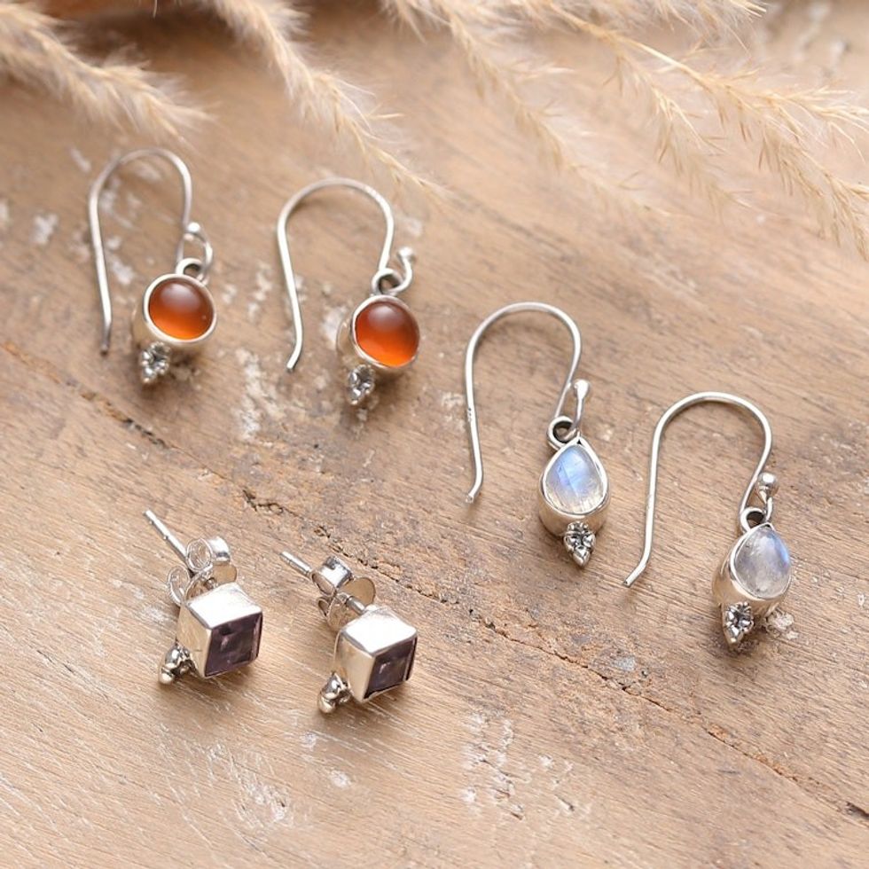 Set of 3 Carnelian, Amethyst and Rainbow Moonstone Earrings 'Triple Majesty'