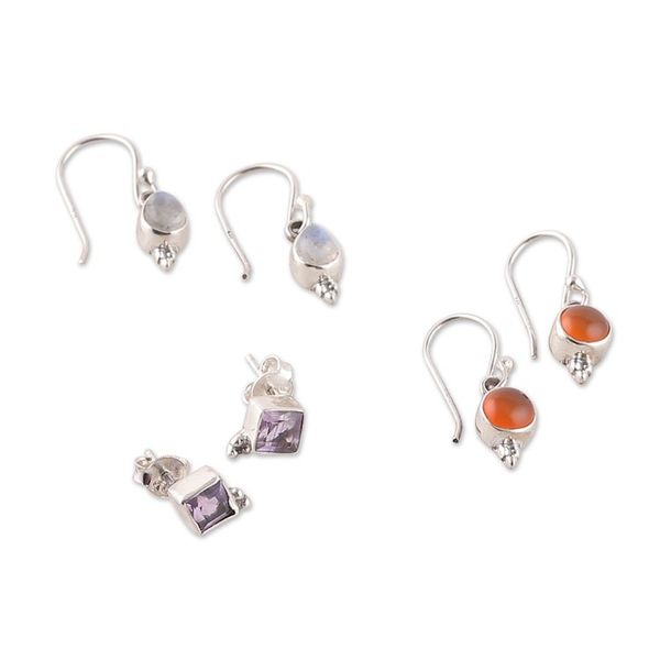 Alternate image for Set of 3 Carnelian, Amethyst and Rainbow Moonstone Earrings Triple Majesty
