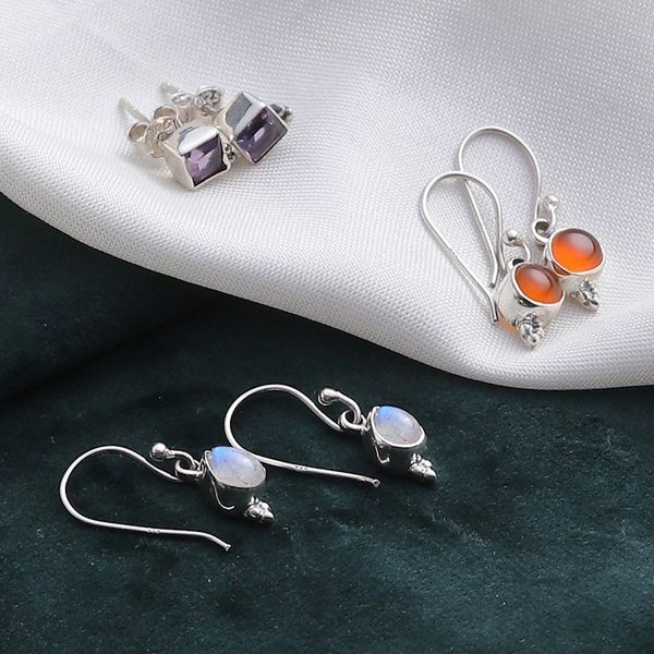 Alternate image for Set of 3 Carnelian, Amethyst and Rainbow Moonstone Earrings Triple Majesty