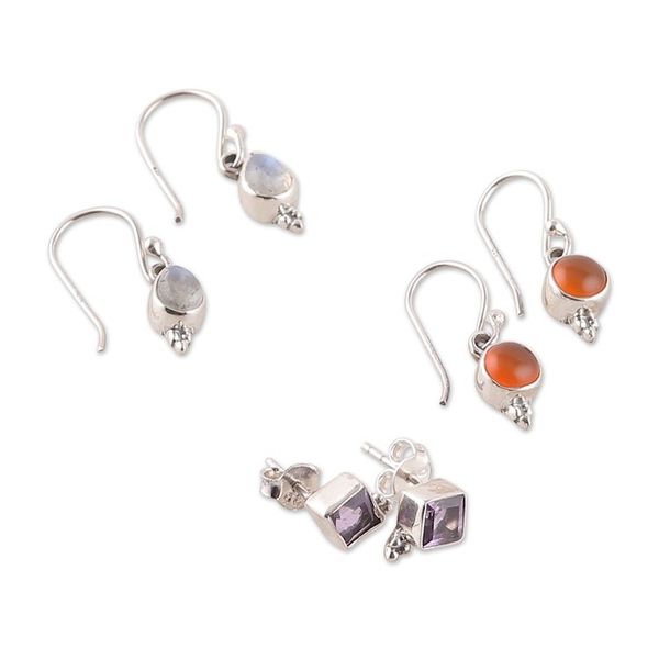 Alternate image for Set of 3 Carnelian, Amethyst and Rainbow Moonstone Earrings Triple Majesty