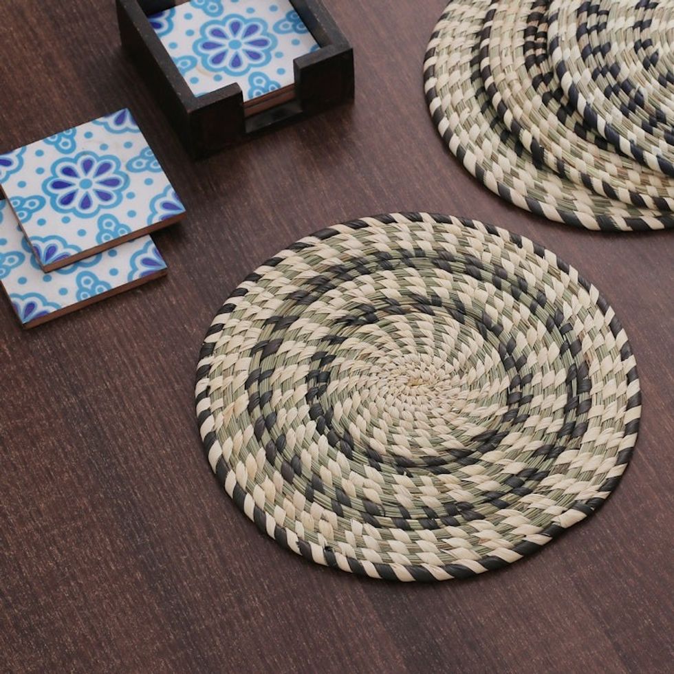 Set of 4 Handwoven Green and Beige Natural Fiber Placemats 'Sylvan Mandalas'