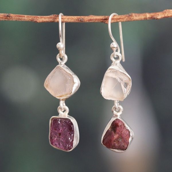 Alternate image for Natural Freeform Rose Quartz and Garnet Dangle Earrings Sweet Liaison