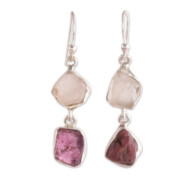 Alternate image for Natural Freeform Rose Quartz and Garnet Dangle Earrings Sweet Liaison