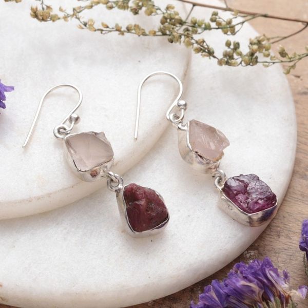 Alternate image for Natural Freeform Rose Quartz and Garnet Dangle Earrings Sweet Liaison