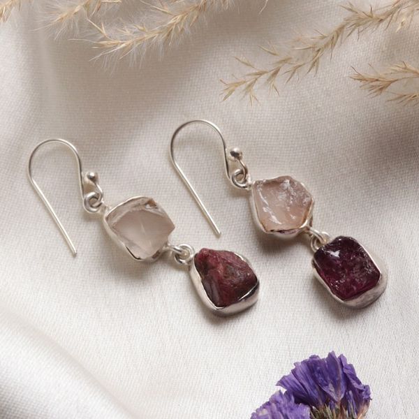 Alternate image for Natural Freeform Rose Quartz and Garnet Dangle Earrings Sweet Liaison