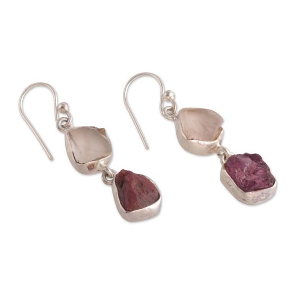 Alternate image for Natural Freeform Rose Quartz and Garnet Dangle Earrings Sweet Liaison
