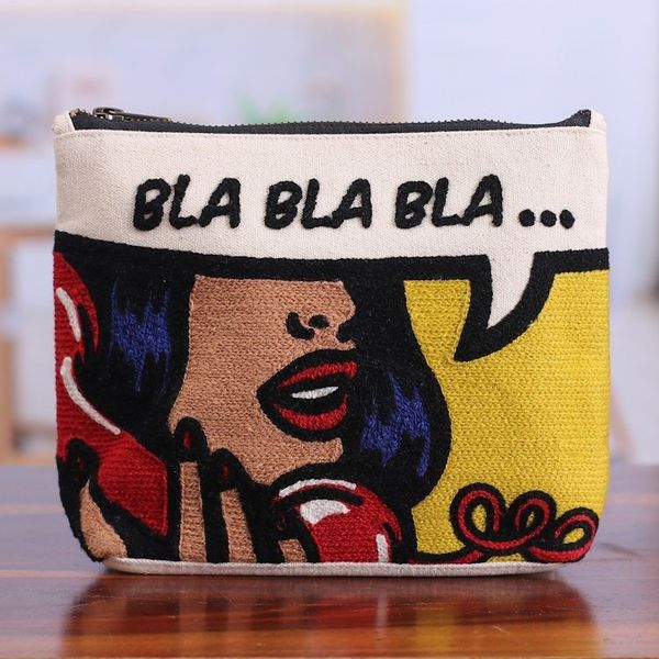 Alternate image for Bold Embroidered Yellow Cotton Cosmetic Bag with Zipper Bla Bla Bla