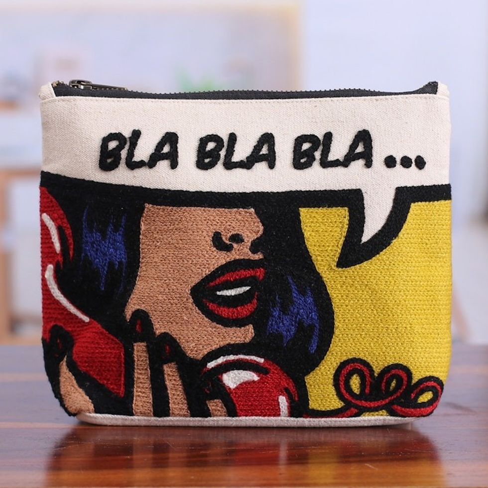 Bold Embroidered Yellow Cotton Cosmetic Bag with Zipper 'Bla Bla Bla'