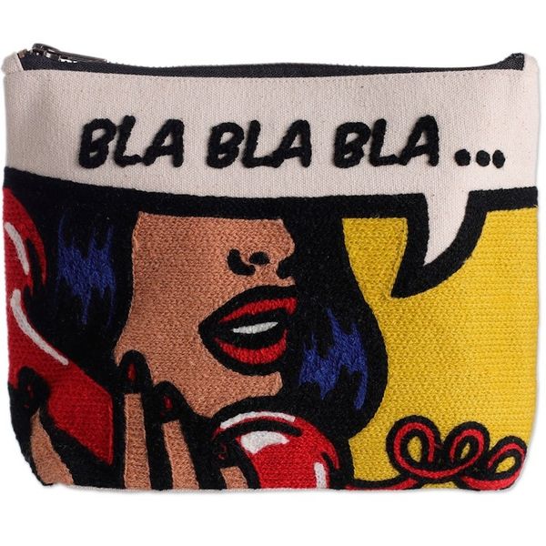 Alternate image for Bold Embroidered Yellow Cotton Cosmetic Bag with Zipper Bla Bla Bla