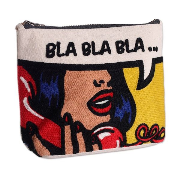 Alternate image for Bold Embroidered Yellow Cotton Cosmetic Bag with Zipper Bla Bla Bla