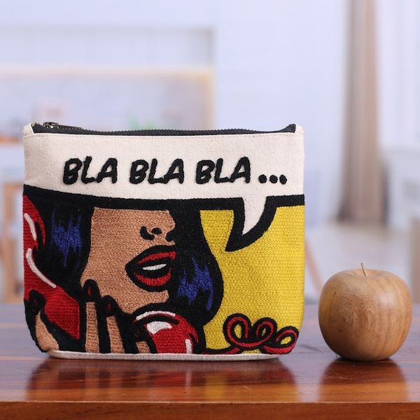 Alternate image for Bold Embroidered Yellow Cotton Cosmetic Bag with Zipper Bla Bla Bla