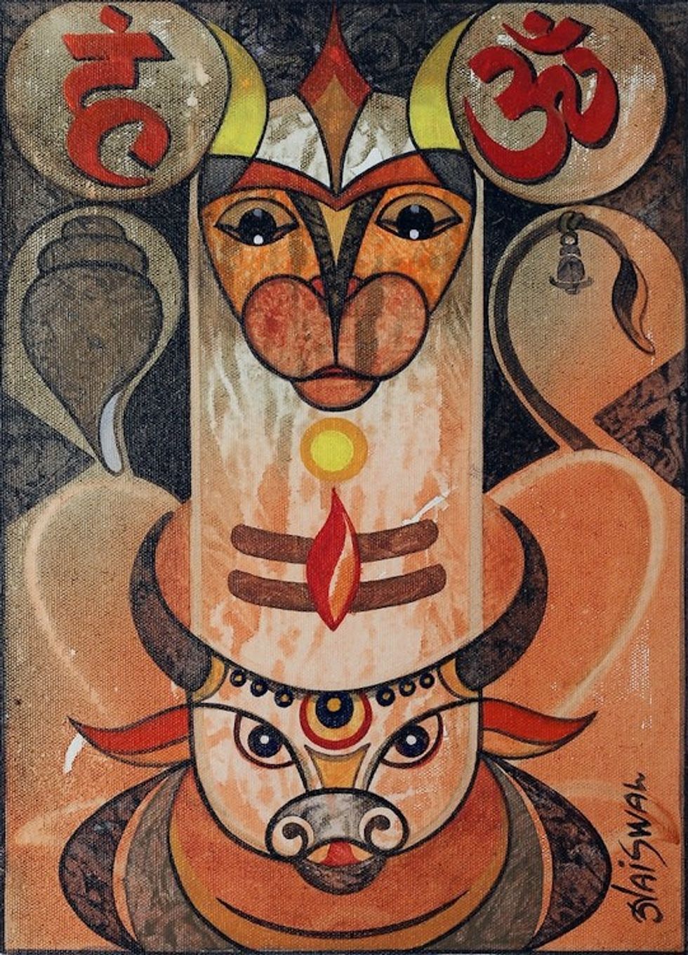 Signed Expressionist Traditional Acrylic Painting from India 'Mangal Mahadev'