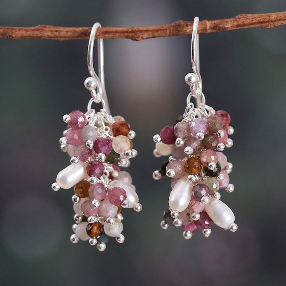 Polished Tourmaline and Cultured Pearl Cluster Earrings 'Fruits from the Creative'