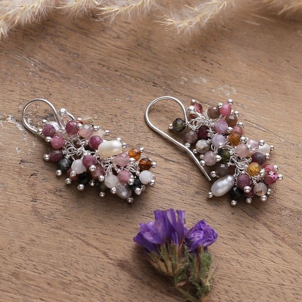 Alternate image for Polished Tourmaline and Cultured Pearl Cluster Earrings Fruits from the Creative