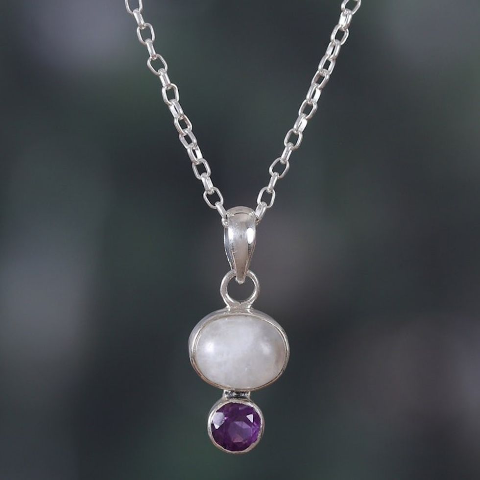 Natural Rainbow Moonstone and Amethyst Pendant Necklace 'Sage's Harmony'