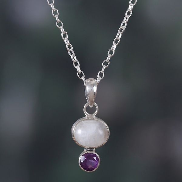 Alternate image for Natural Rainbow Moonstone and Amethyst Pendant Necklace Sages Harmony