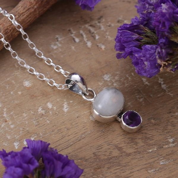 Alternate image for Natural Rainbow Moonstone and Amethyst Pendant Necklace Sages Harmony