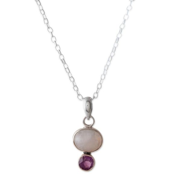 Alternate image for Natural Rainbow Moonstone and Amethyst Pendant Necklace Sages Harmony