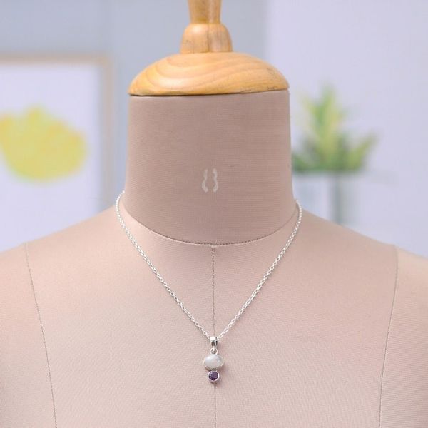 Alternate image for Natural Rainbow Moonstone and Amethyst Pendant Necklace Sages Harmony