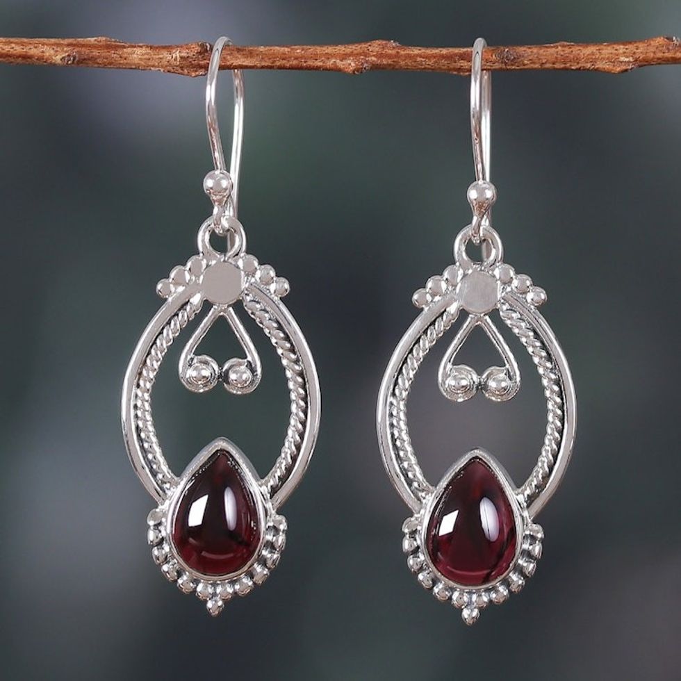 Classic Natural Garnet and Sterling Silver Dangle Earrings 'Passion Manor'