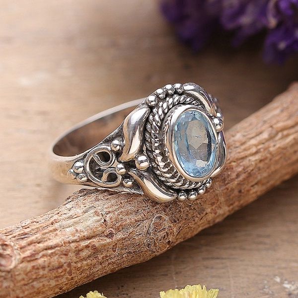 Alternate image for Traditional One-Carat Blue Topaz Cocktail Ring from India Traditional Serene