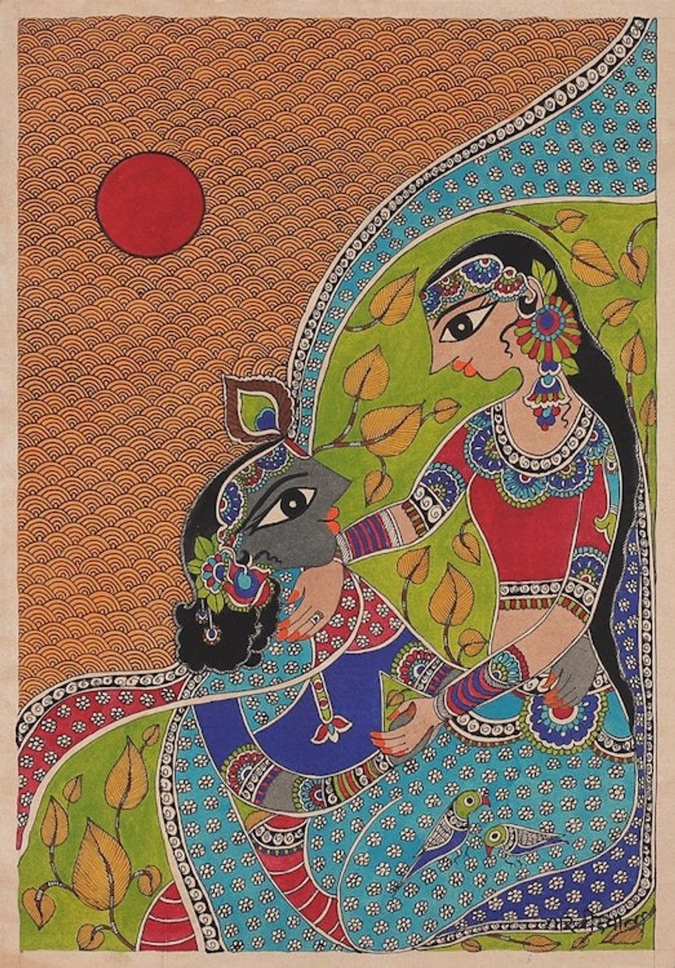Acrylic and Vegetable Dye Romantic Madhubani Painting 'Heavenly Love'