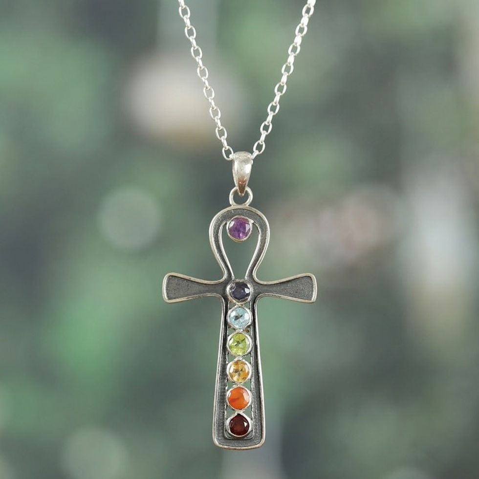 One-Carat Cross-Shaped Multi-Gemstone Pendant Necklace 'Chakra Cross'