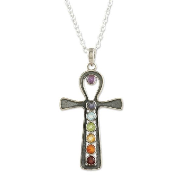 Alternate image for One-Carat Cross-Shaped Multi-Gemstone Pendant Necklace Chakra Cross