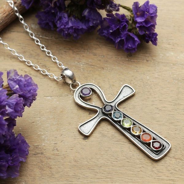 Alternate image for One-Carat Cross-Shaped Multi-Gemstone Pendant Necklace Chakra Cross