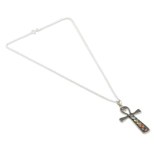 Alternate image for One-Carat Cross-Shaped Multi-Gemstone Pendant Necklace Chakra Cross