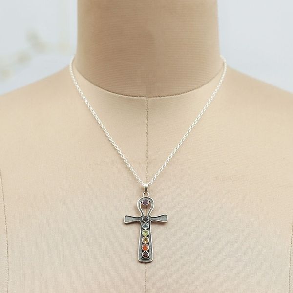 Alternate image for One-Carat Cross-Shaped Multi-Gemstone Pendant Necklace Chakra Cross