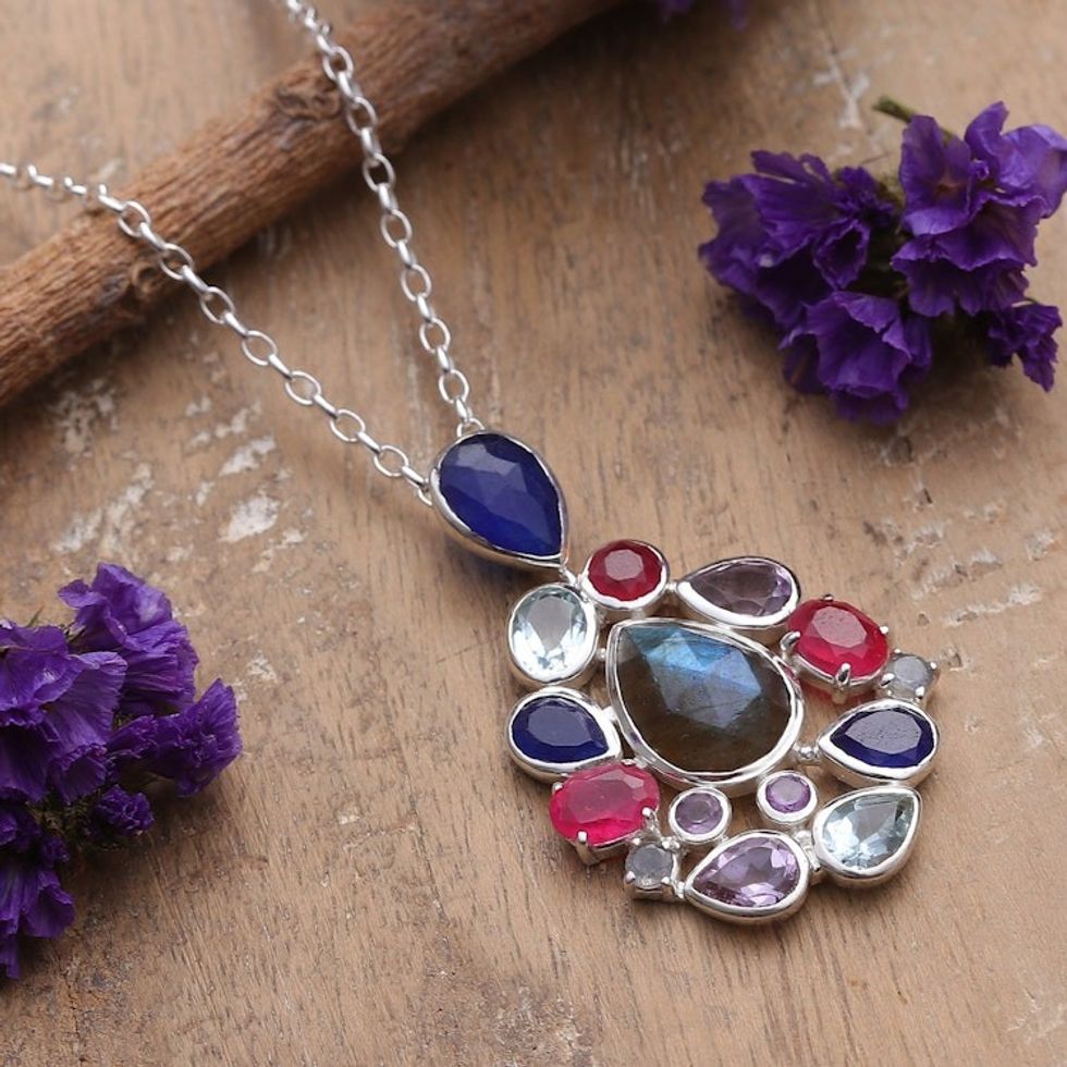Labradorite Quartz Amethyst and Blue Topaz Pendant Necklace 'Blissful Glam'