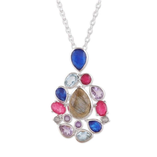 Alternate image for Labradorite Quartz Amethyst and Blue Topaz Pendant Necklace Blissful Glam