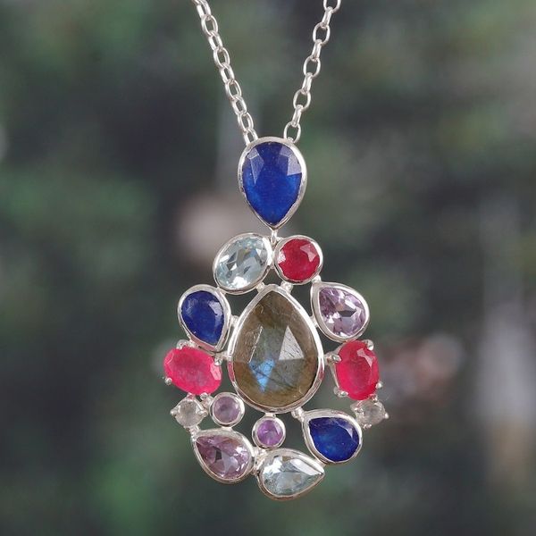 Alternate image for Labradorite Quartz Amethyst and Blue Topaz Pendant Necklace Blissful Glam