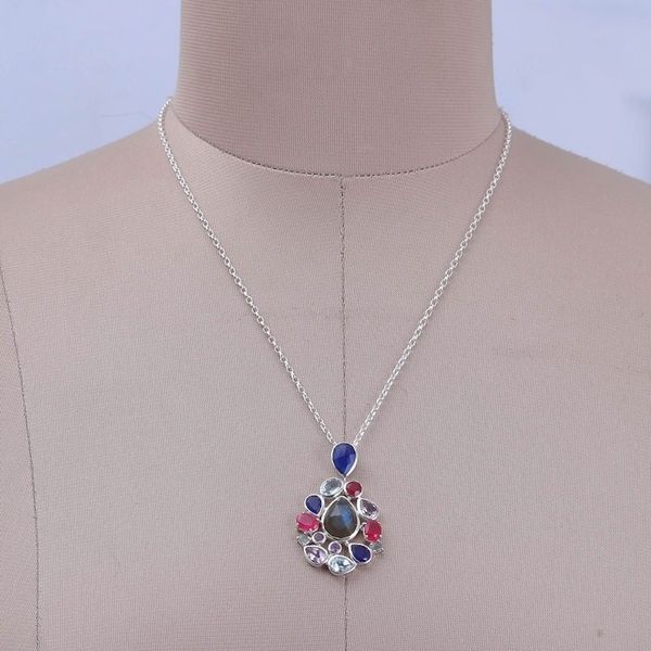 Alternate image for Labradorite Quartz Amethyst and Blue Topaz Pendant Necklace Blissful Glam