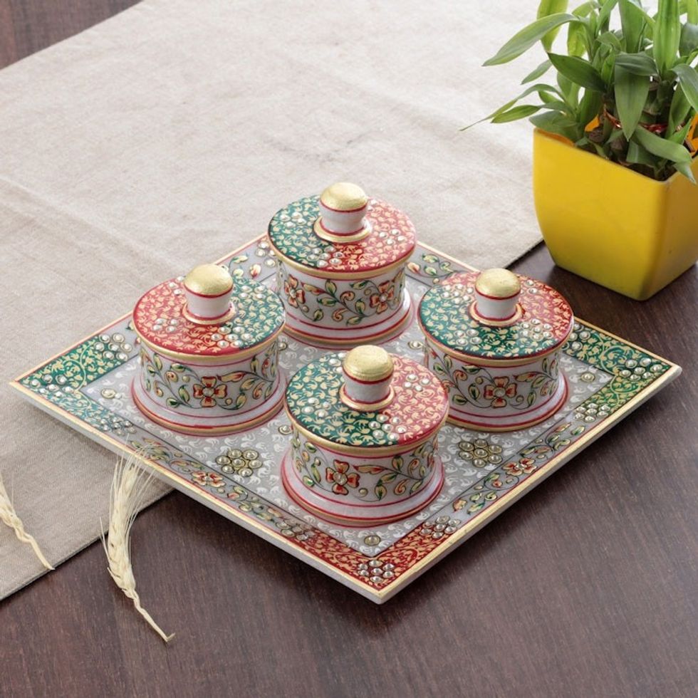 Jaipur Floral Green and Red 5-Piece Marble Tray and Bowl Set 'Jaipur Arcadia'