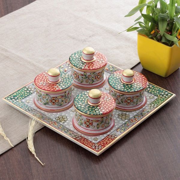 Alternate image for Jaipur Floral Green and Red 5-Piece Marble Tray and Bowl Set Jaipur Arcadia